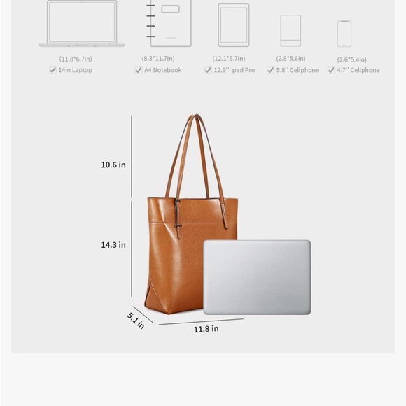 Kattee Genuine Leather Shoulder Bag Work Laptop Tote Adjustable Handbag - Picture 3 of 12